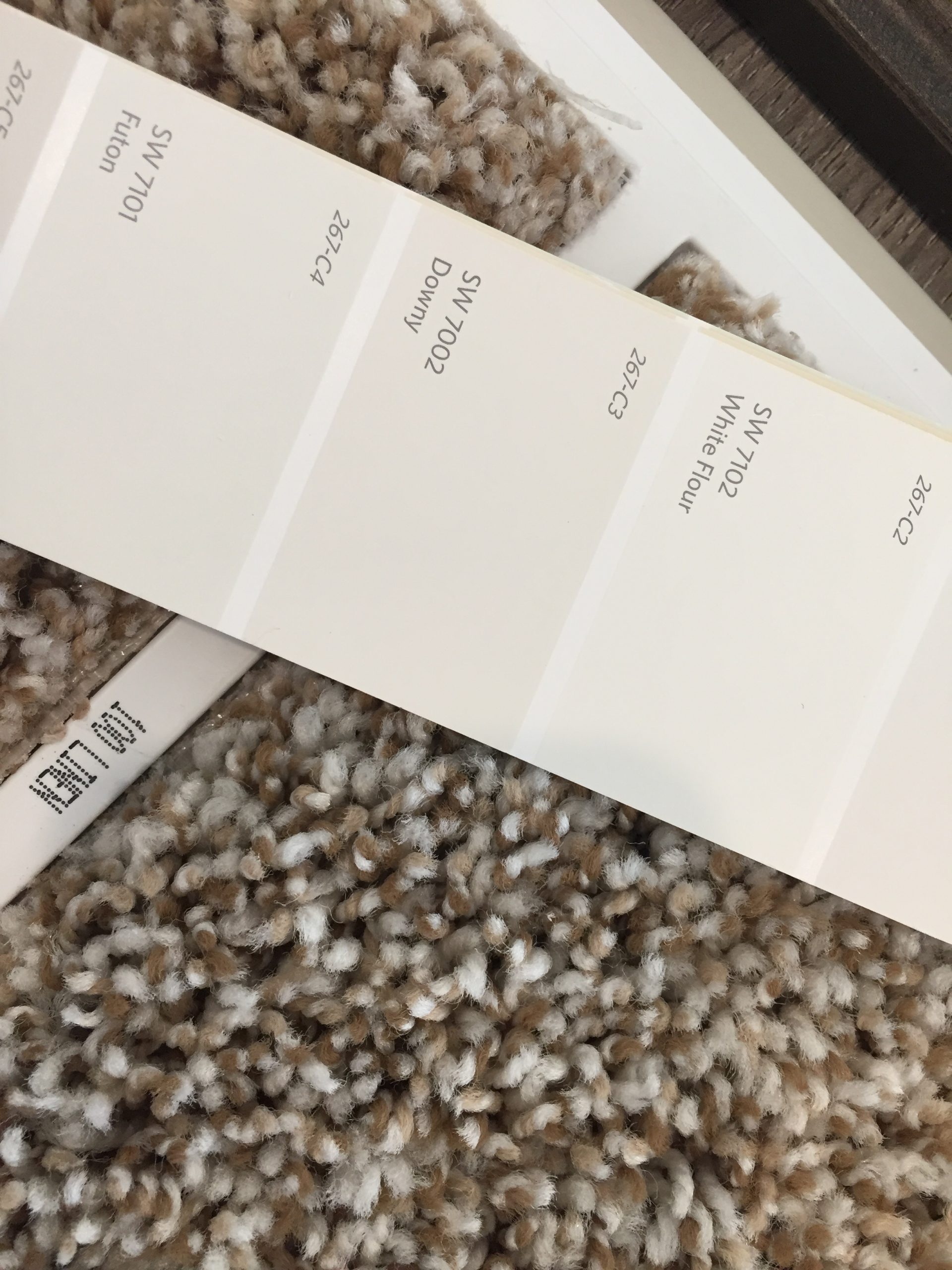 The Sherwin Williams color sample laid over the carpet sample we chose.